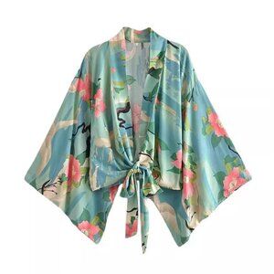 Rosa Clothing Vibrant Boho Beach Peacock Print Cropped Tie Front Kim